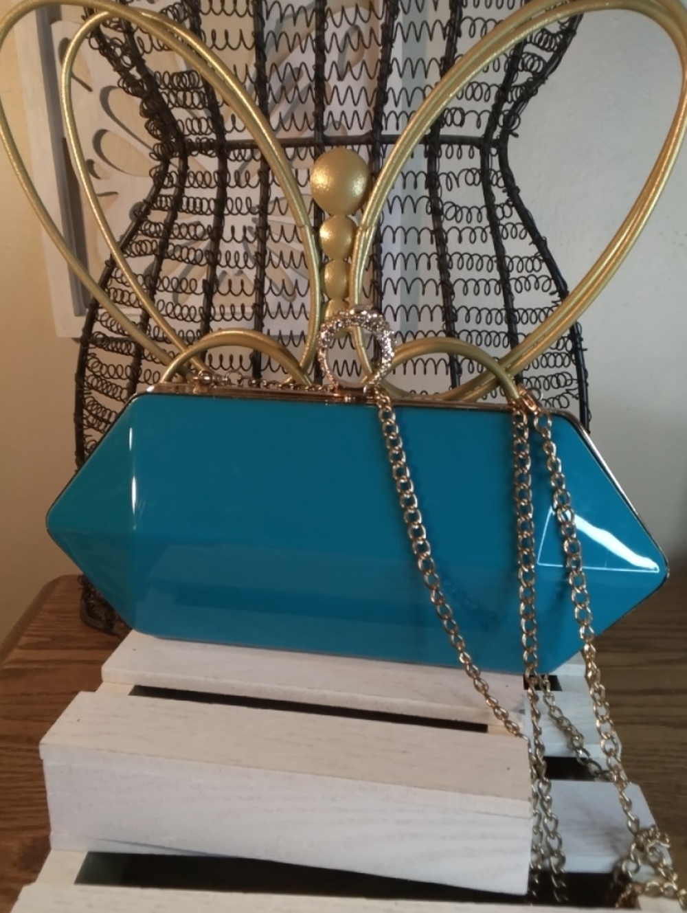 Teal Geometric Hardcase Crossbody Bag with Gold Chain